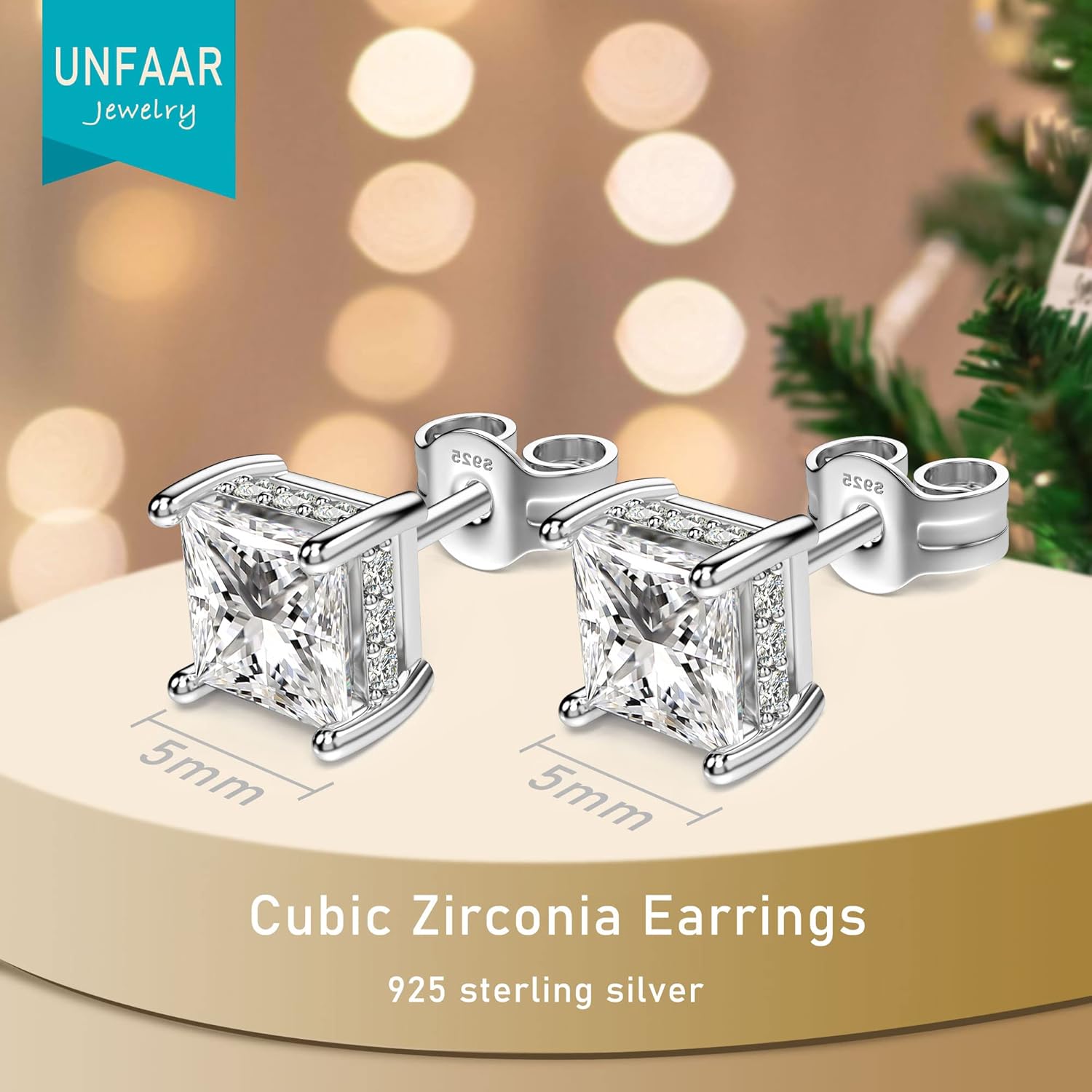 18K White Gold Plated Sterling Silver Princess Cut Cubic Zirconia Stud Earrings Square CZ Diamond Stud Earrings for Women Men Hypoallergenic - Image 5