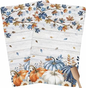 Thanksgiving Pumpkin Kitchen Towels, Absorbent Microfiber Kitchen Dish Hand Tea Bath Towel, Fall Maple Leaf Daisy Wooden Grain Quick Dry Cleaning Cloth Dishclothes Decorative Sets, 2-PC, 18x28