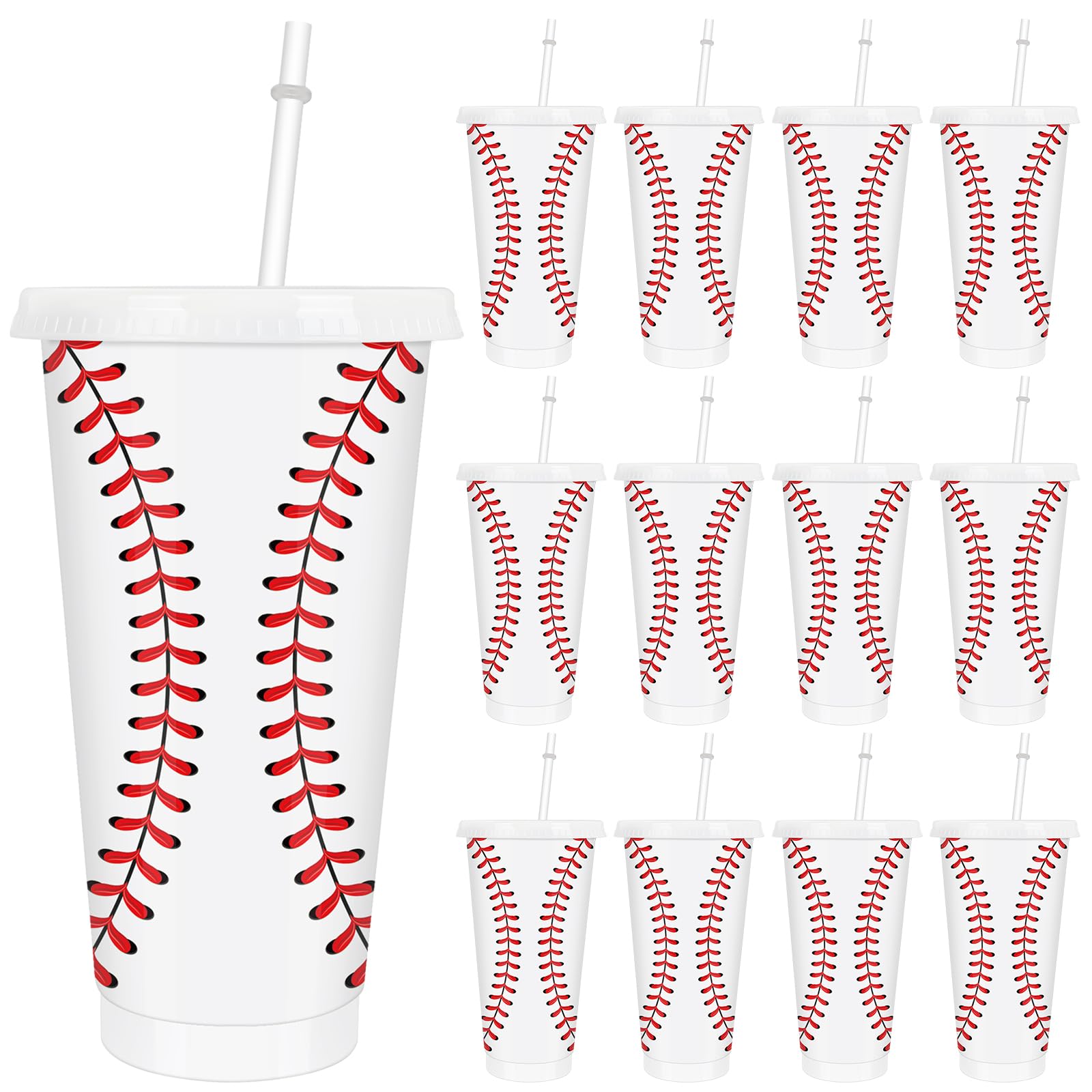 FYSUIMU 12 Pcs Baseball Party Cups with Lids Straws Sports Ball Plastic Tumblers Red White Birthday Reusable Water Bottle for Iced Coffee Drinks