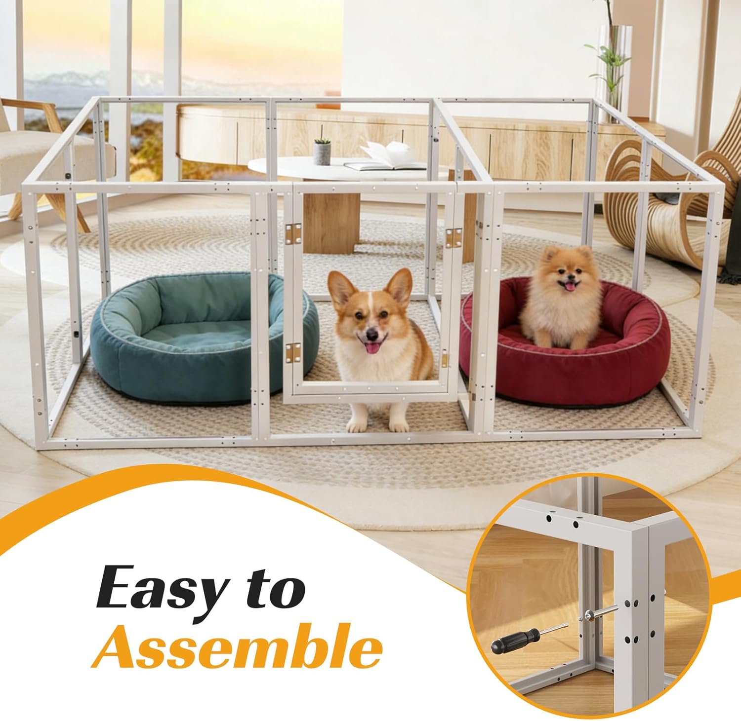 Clear Acrylic Dog Playpen with Door Easy Install & Clean Puppy Fence Indoors H-24 10-Panel Metal Playpen for Puppies/Small Dogs/Kitten,White Dog Enclosure