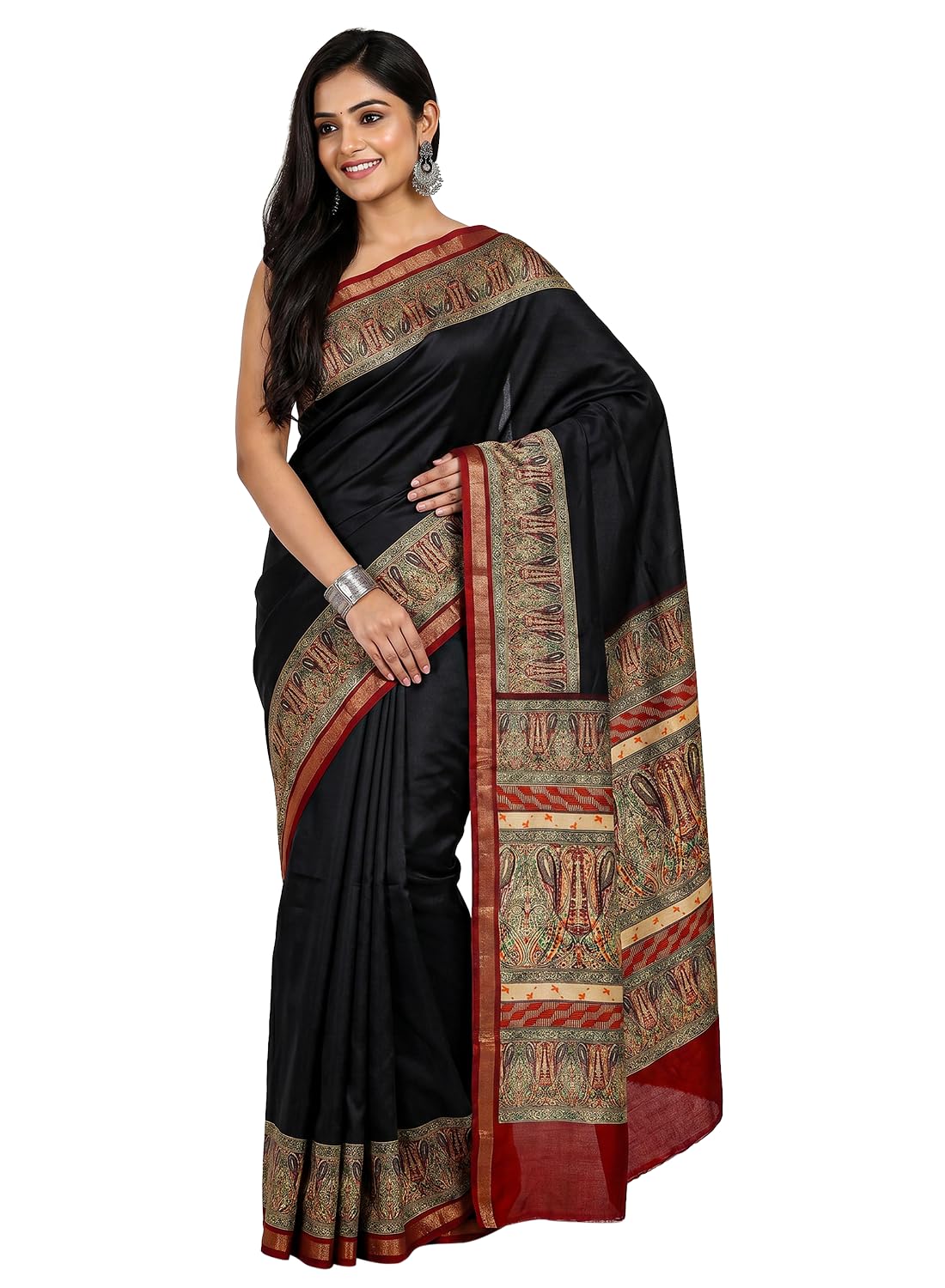 shri hari Sarees Women's Cotton Printed Saree with Ethnic Motif Design and Contrast Border | Lightweight Daily Wear Ethnic Saree with Unstitched Blouse Piece - Navy Blue-picture-14
