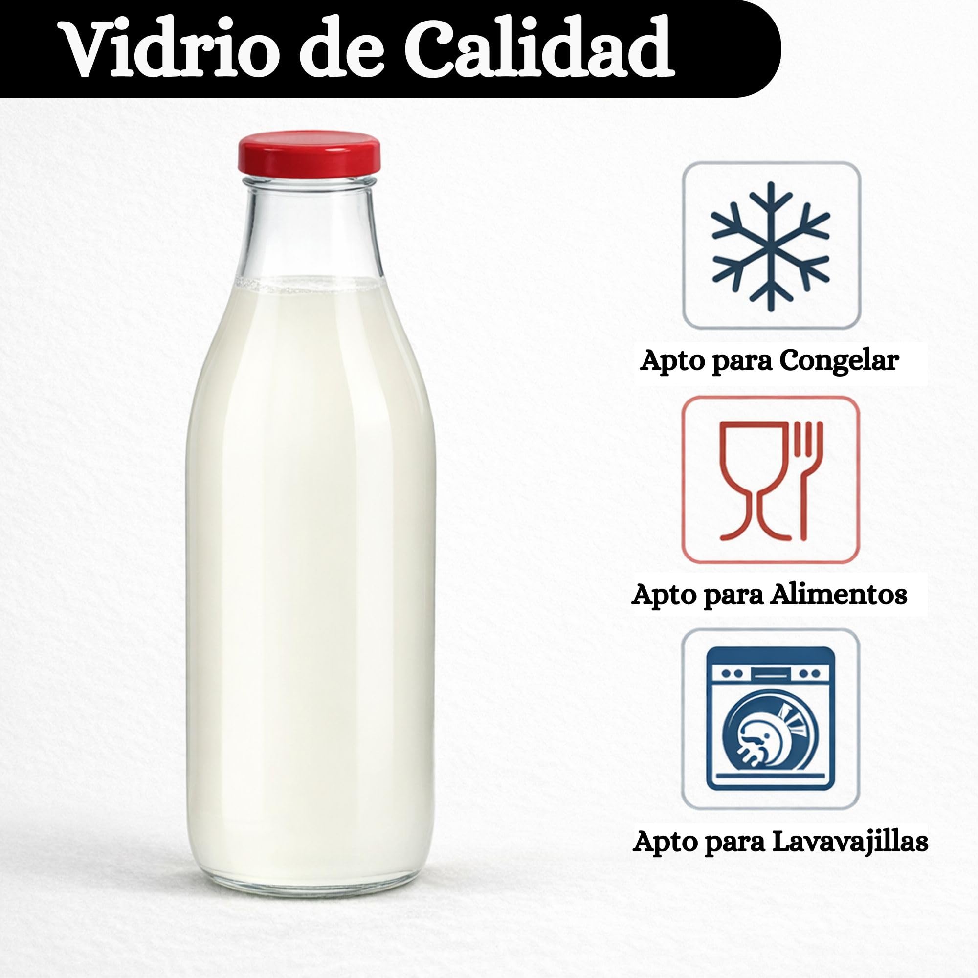 Pack 6 Botellas de Cristal de 1 Litro para Leche y Bebidas + EBook de 102 Recetas, con Tapa de Rosca Hermética - Ideal para Leche, Batidos, Horchata, Zumos, Licuados y Salsas - Set de 6