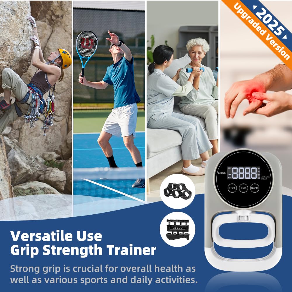 Grip Strength Trainer Hand Gripper - Grip Strength Tester Hand Dynamometer Handheld Meter LED Display Comfortable 265 Lbs / 120 Kgs Finger Strengthener for Sports Home School Gym Use