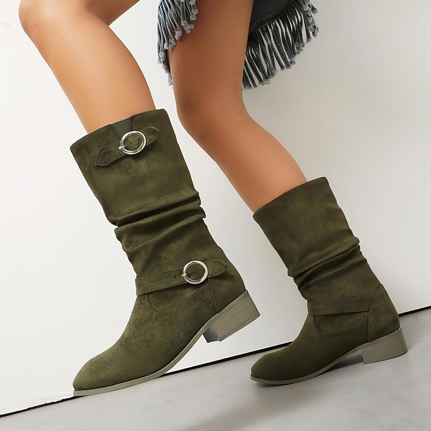 Women's Slouchy Knee High Boots Wide Calf Comfort Flat Platform Tall Boot Round Toe Casual Winter Boots Stylish Suede Cowboy Western Pull On Chunky Low Heel