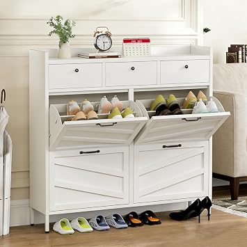 Metal Shoe Cabinet,Wall Mounted Shoe Cabinet with 4 Flip Drawers & 3 Drawers,Narrow Shoe Storage for Entryway Slim,Hallway,Bathroom,BalconyWhite