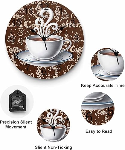 Miniatura 4 de Wall Clock Coffee Cup Clocks PVC Silent Non-Ticking Battery Operated Decorative Retro Brown Cafe Round Clock for Home Living Room Kitchen Bedroom