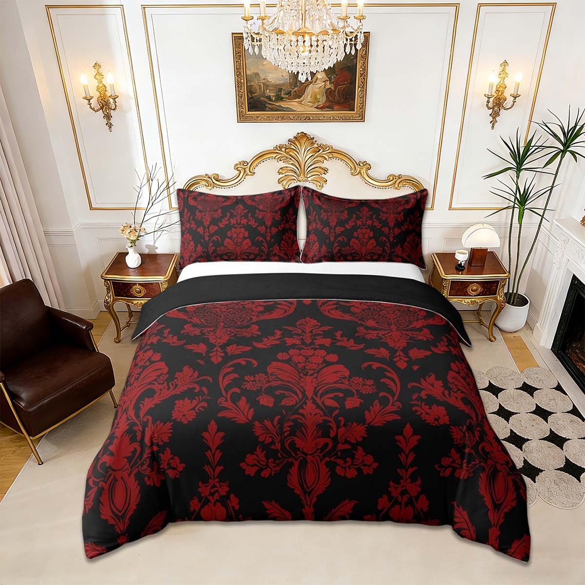 Homemissing Red Black Vintage Damask Floral Duvet Cover Set Oriental Antique Bedding Set King Size for Kids Boys Girls Gothic Bohemia Floral Comforter Cover Luxury Flower Quilt Cover,No Comforter — image 1