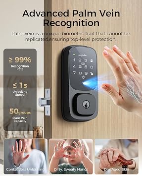 ARPHA Keyless Entry Door Lock, Palmar Vein Recognition Deadbolt with Handleset for Front Door, Built-in WiFi, Amazon Alexa, Google Assistant, App-Control, Voice Control, NFC