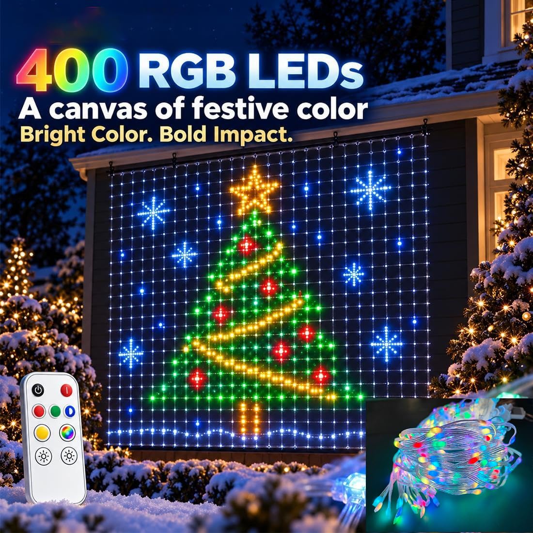 Tenda Luminosa Intelligente Natalizia da Esterno, 400 RGB LED con App e Telecomando, Telecomando e App, Motivi DIY, Ideale per Decorazioni Natalizie e Festa (1 * 1m)
