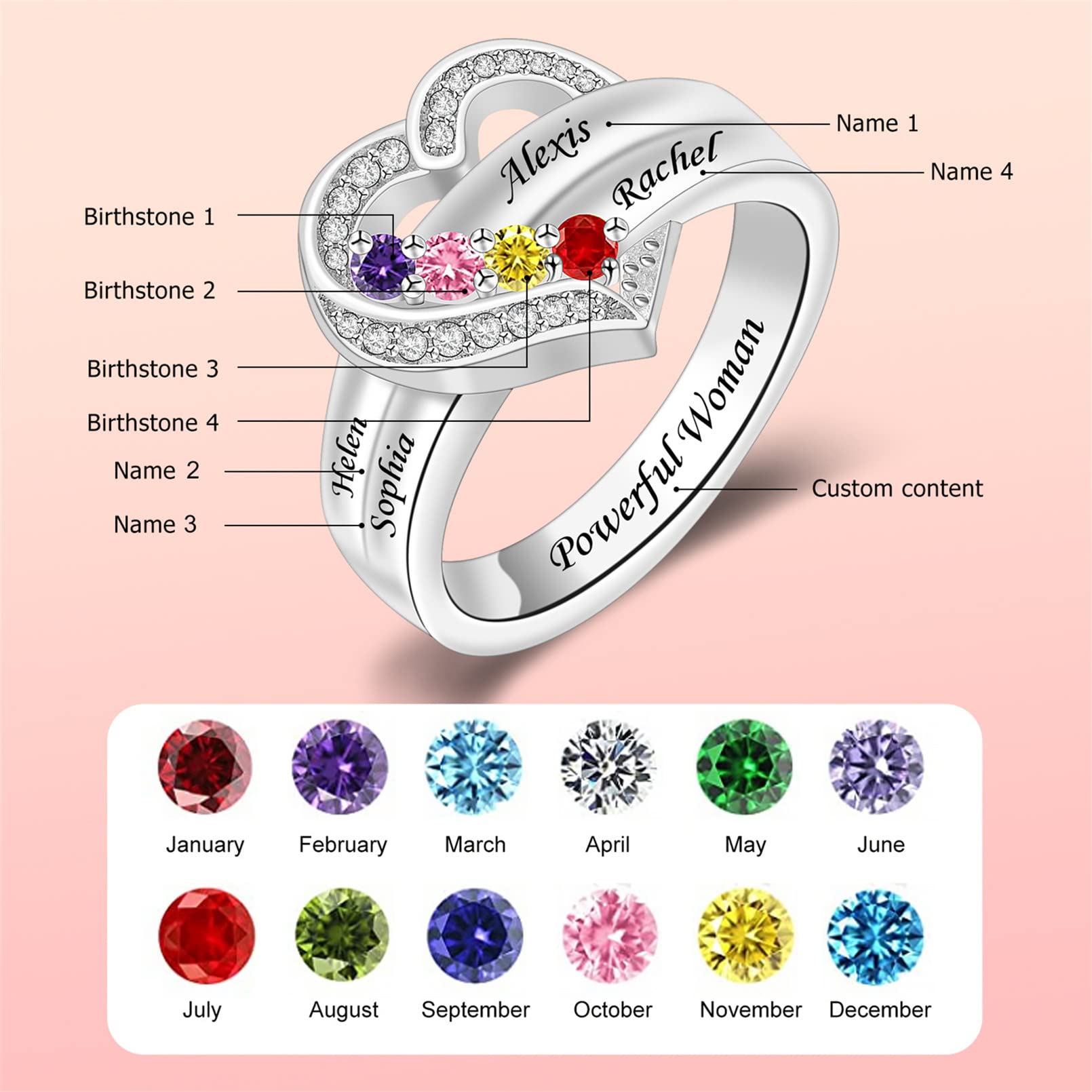 MissNaNa Personalized Mothers Rings with Simulated Birthstones Engraved 1-8 Family Names Mother's Day Rings Custom Love Heart Family Rings for Women