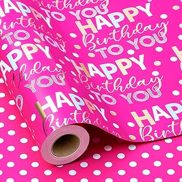 MAYPLUSS Reversible Birthday Wrapping Paper Roll 17In x 16.5FT Rose Red Happy Birthday Letter Glitter Metallic Foil 23.4 sqft for Boys Girls Kids Women Holiday Party Baby Shower