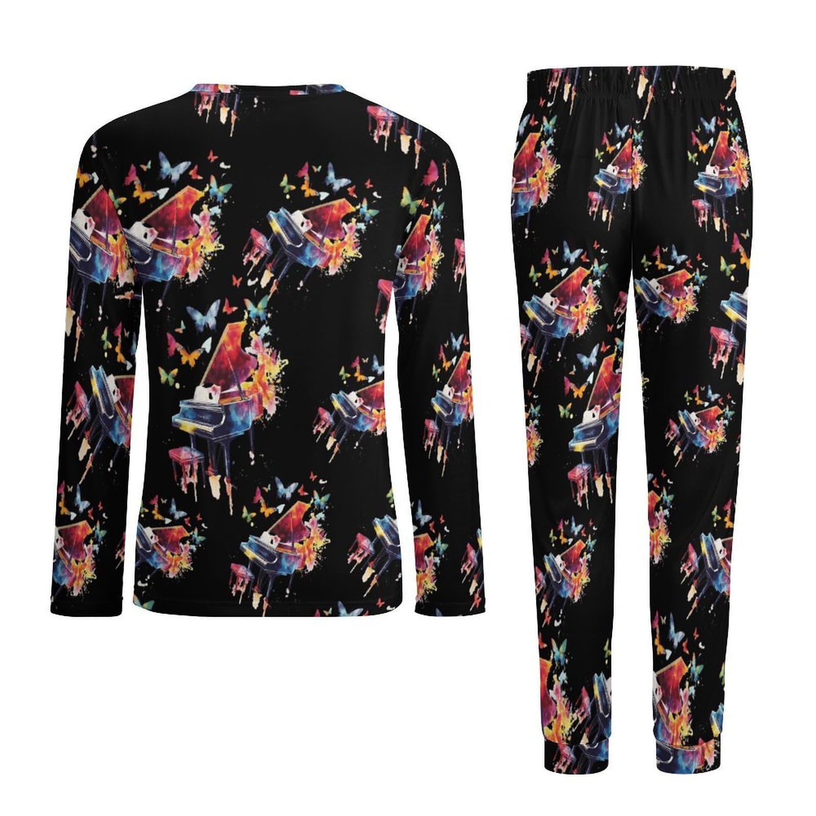 Conjunto de pijama de piano con mariposas voladoras para hombre, cuello redondo, 2 piezas, manga larga, suave parte superior e inferior transpirable para todas las estaciones