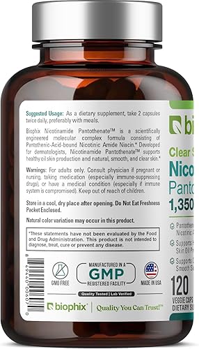 Miniatura 8 de biophix Pantotenato de nicotinamida B-3 1350 mg 120 Vcaps - Clear Skin Series B5 Ácido pantoténico Natural Flush-Free Nicotinic Amide Niacina -