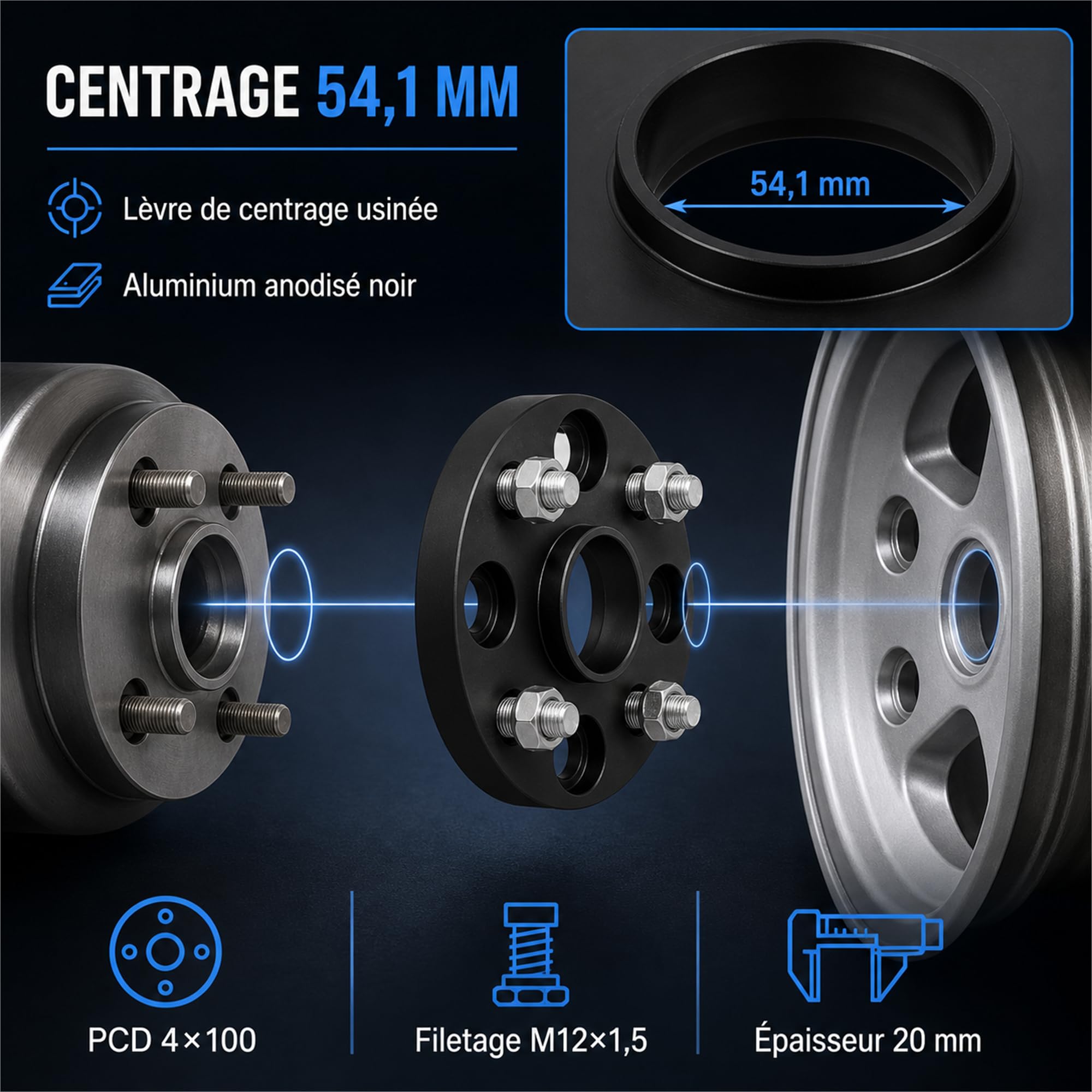 Espaceurs De Roue Aluminium 20mm Eelargisseur de Vvoie 4x100 PCD Filet M12x1,5 Alésage 54,1mm Finition Noire Anodisée Accessoire Amélioration Stabilité Conduite Compatible MX5 Mk1 Et Mk2