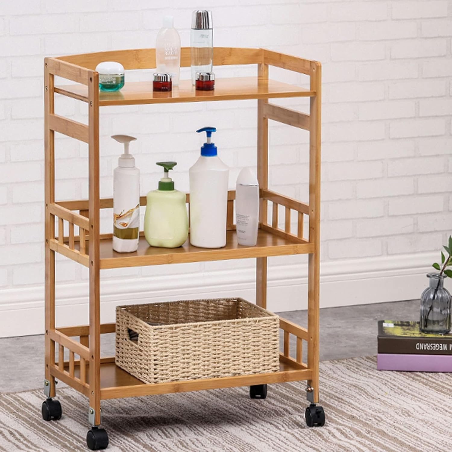3 Tier Bamboo Rolling Bar Cart with 4 Wheels, Wine Cart with Removable Tray, Mobile Kitchen Serving Trolley Carts, for Small Spaces, Restaurant, Hotel, Kitchen, Living Room Wood Color