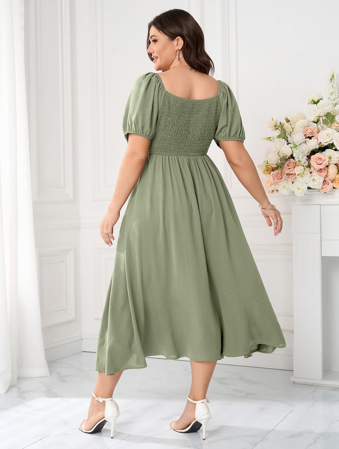 Women's Plus Size Summer Dress Short Sleeve Square Neck Milkmaid Dress Tie Front Split A-Line Maxi Long Dresses