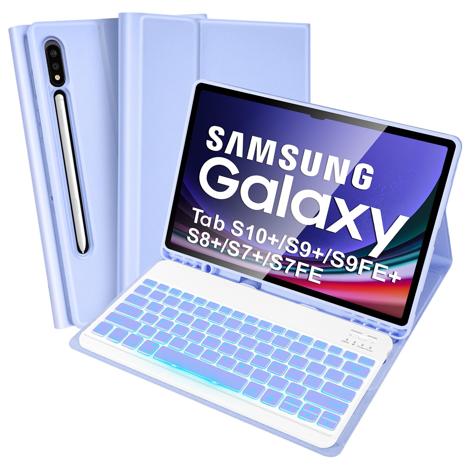 SOPPY Custodia con tastiera retroilluminata per Samsung Galaxy Tab S10+ Plus/S9+ Plus/S9 FE+/S8+/S7+/S7 FE da 12,4", 7 colori retroilluminati, layout UK, custodia per tastiera wireless e portapenne,