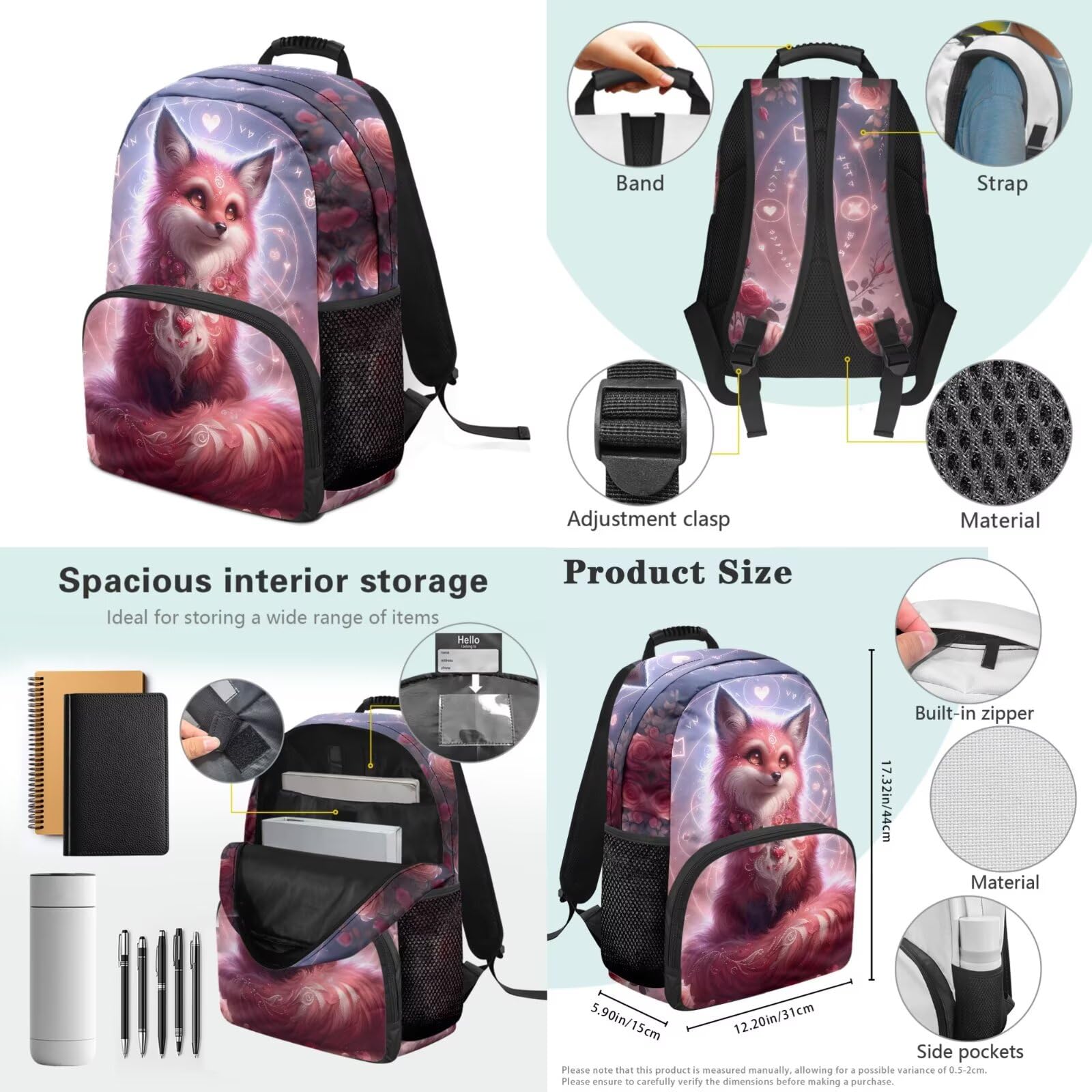 4-teiliges Schultaschen-Set, Rucksack, Lunchtasche, Federmäppchen, Wasserflaschen-Tragetasche für Jungen und Mädchen, Pink-Fuchs, Schulranzen-Set