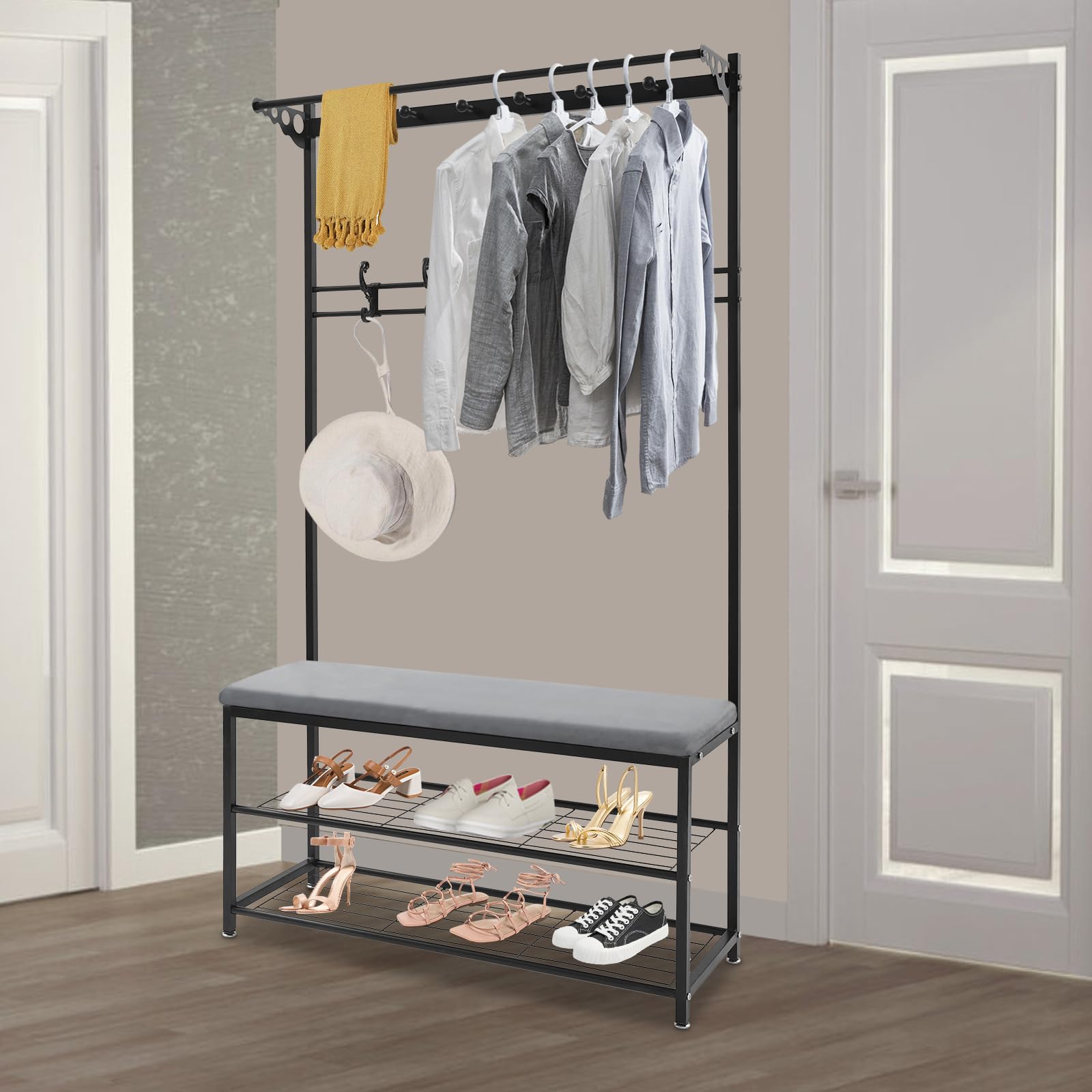 Perchero con zapatero, perchero de metal con 11 ganchos y zapatero, espacio de almacenamiento bajo el asiento, estantería para pasillo, salón, oficina, dormitorio, altura 170 cm