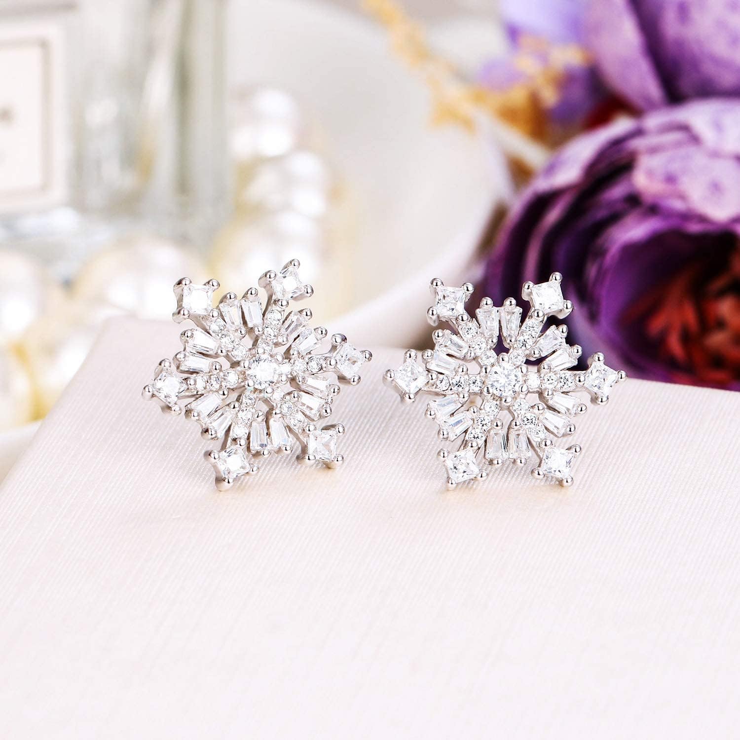 EVER FAITH 925 Sterling Silver Cubic Zirconia Winter Snowflake Flower Elegant Stud Earrings - Image 6