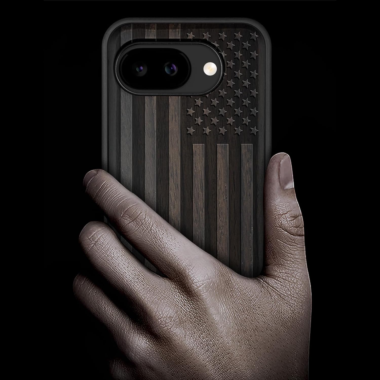 Carveit Magnetic Wooden Case for Google Pixel 10a Case, Wood Artisan Engraved & Soft TPU Shockproof Cover, Compatible with MagSafe Wireless Chargers (The Classic American Flag) Blackwood