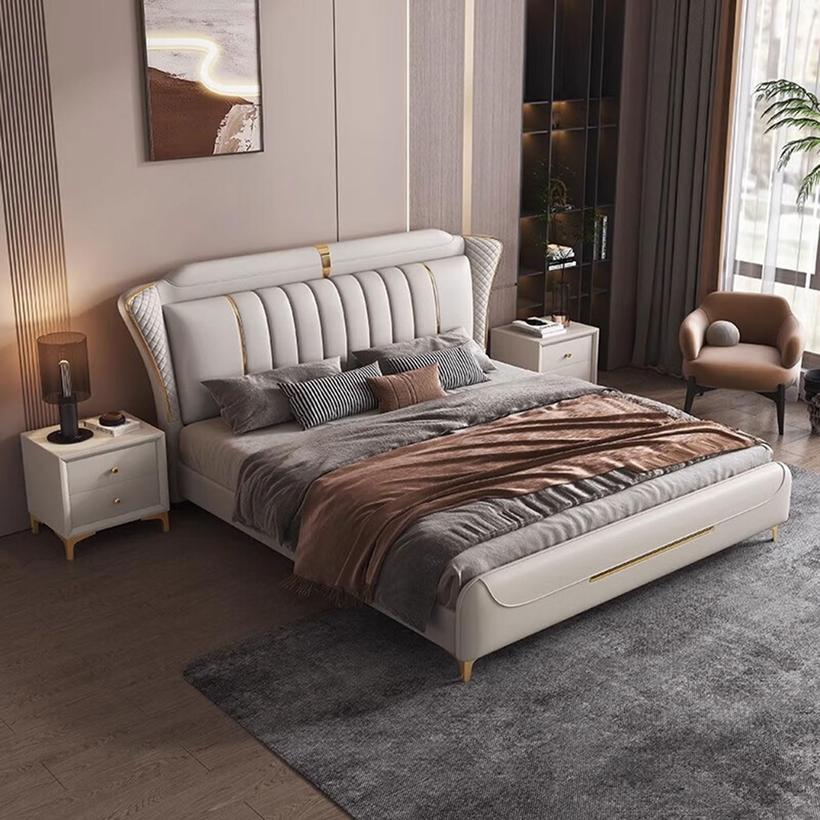 King Size Luxury Genuine Leather Bed Upholstered Platform Bed Frame with Headboard and Lift Up Storage Strong Wooden