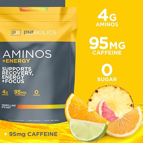 Miniatura 3 de Purbolics Aminos + Energy  Apoya la recuperación, la energía y el enfoque  95 mg de cafeína, 0 calorías y 60 porciones (trópico como si estuviera