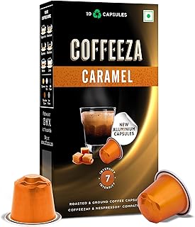 Coffeeza Caramel Flavoured Coffee Capsules, Intensity -7 | Aluminium Coffee Pods | 100% Arabica | Box of 1 (10 Capsules) | Brew Cold/Hot