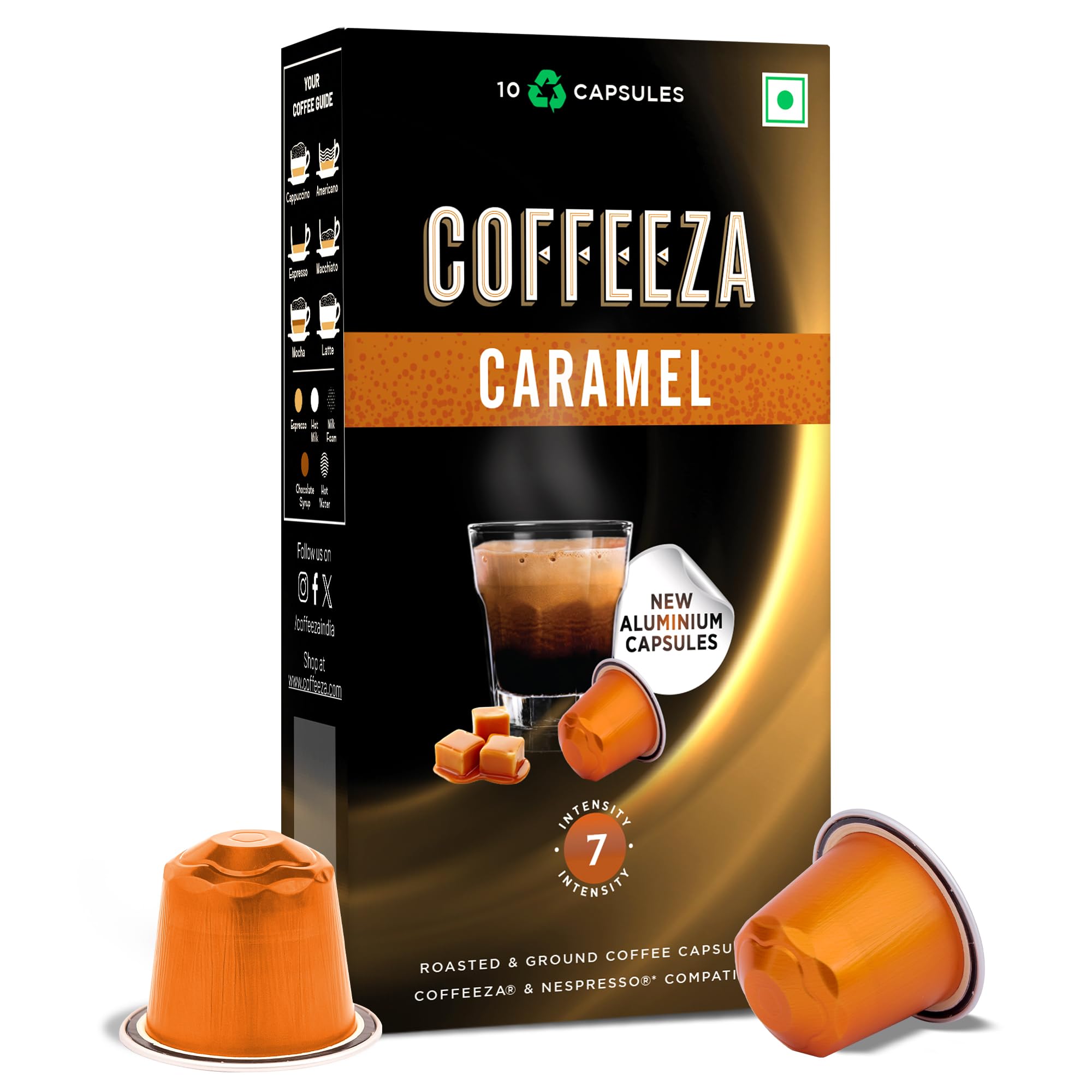 Coffeeza Caramel Flavoured Coffee Capsules, Intensity -7 | Aluminium Coffee Pods | 100% Arabica | Box of 1 (10 Capsules) | Brew Cold/Hot