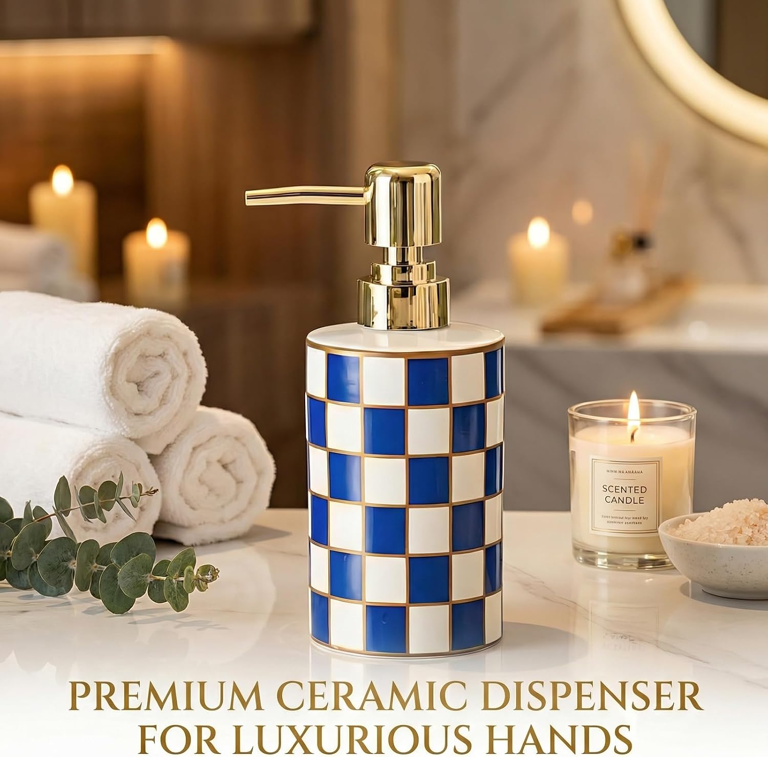 Blue and White Checkered Ceramic Soap Dispenser, Cute & Durable for Bathroom, Ideal Checkered Bathroom Decor