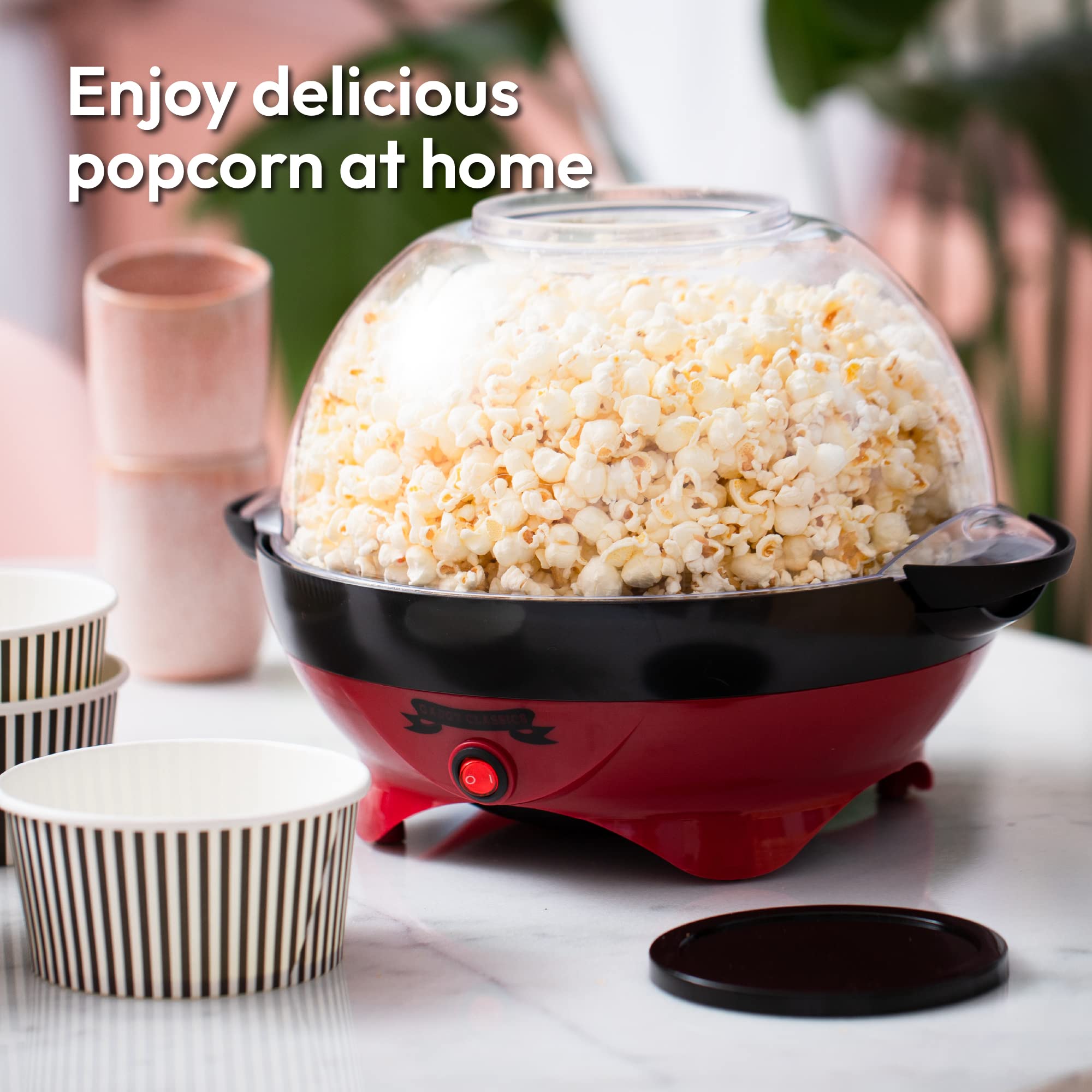 Gadgy Macchina elettrica per popcorn da 800 W, con piastra antiaderente, coperchio e agitatore, grande popper da 24 tazze, per casa, feste, serate cinematografiche