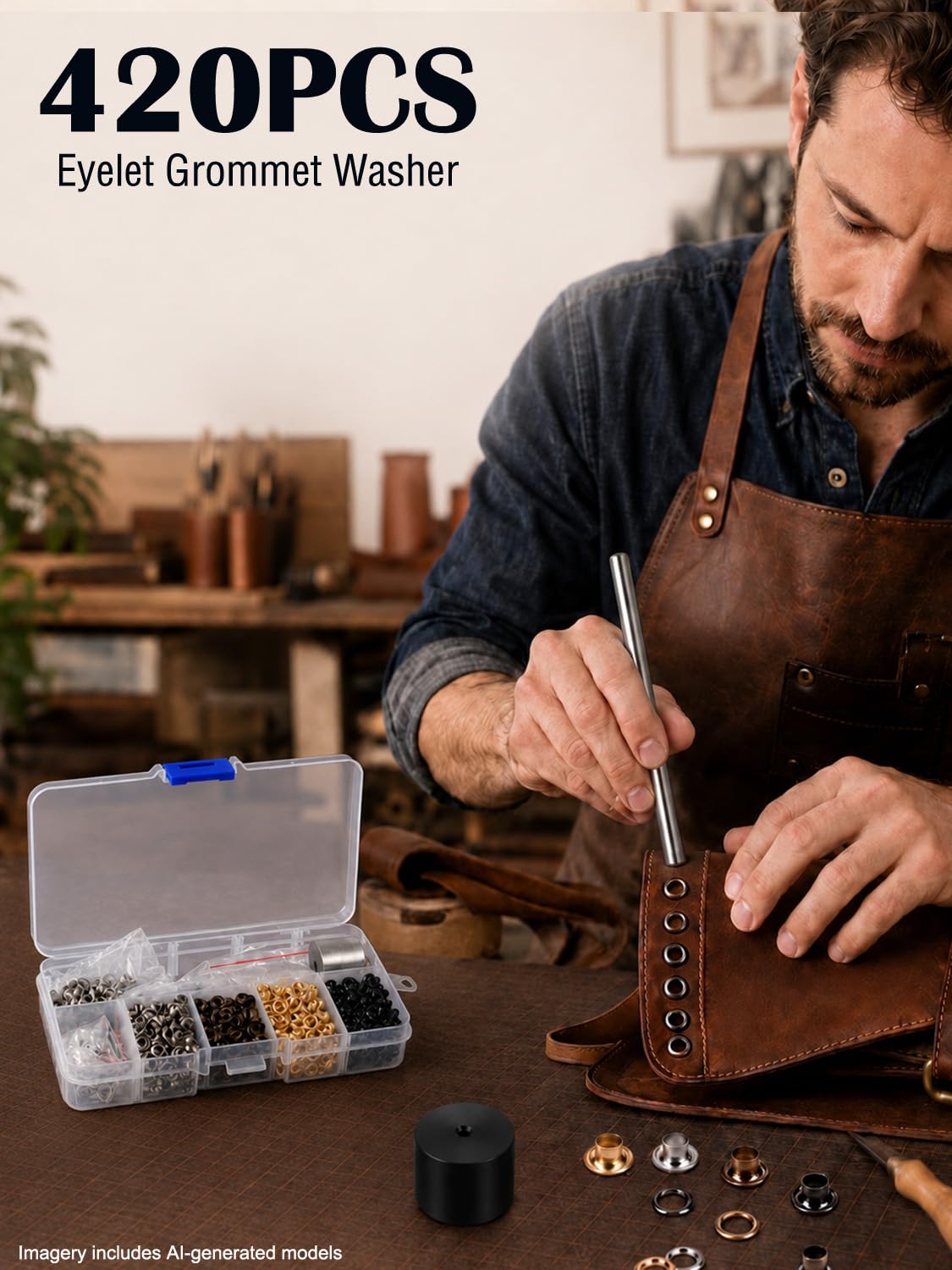 Moofey 420 ojales y ojales, kit de ojales de cuero de 3 mm, juego de 3 herramientas de trabajo manual, kit de ojales para manualidades, ropa, accesorios de costura