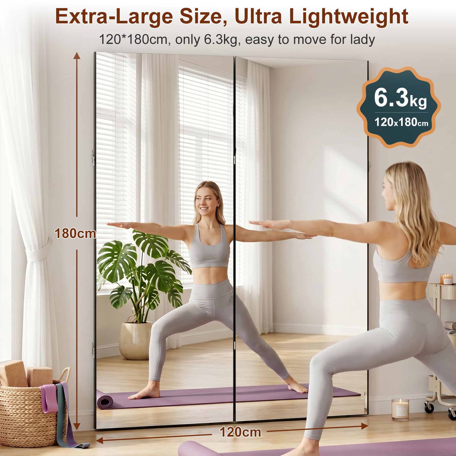 brisafe 360° Faltbarer Ganzkörperspiegel 180x120cm | Bruchsicherer Standspiegel, platzsparend und stabil; für Homegym, Workout, Yoga und Training; drehbar Schwarz