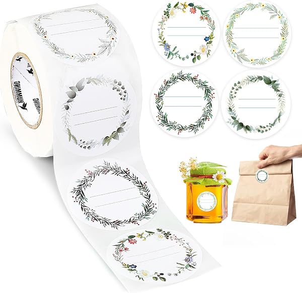 AiQInu Etiquettes Autocollantes Bocaux, 200PCS 5CM Rouleau Étiquettes à Confiture avec 4 motifs différents, Vierge Étiquettes Autocollante Inscriptibles pour Bocaux, D'épices, Cuisson, Cadeau - 1