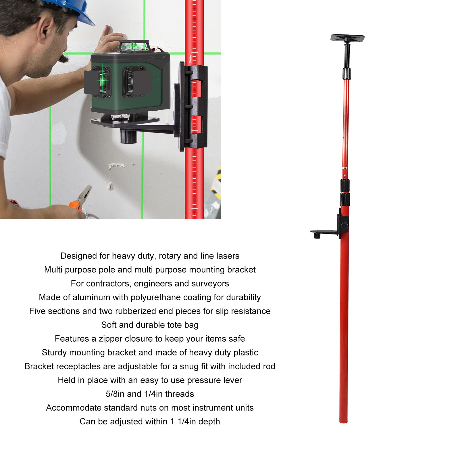 Poste de Nivel Láser, Poste Extensible Multiusos de 4 M Poste de Montaje de Nivel Láser Ajustable Poste de Soporte Telescópico con Montaje Láser/mesa Elevadora para Láseres Giratorios Y de Línea (rojo