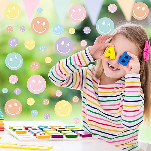 Miniatura 3 de Whaline 9 hojas de calcomanías reutilizables de doble cara para ventana de regreso a clases, cara sonriente, pastel, para decoración de ventanas,