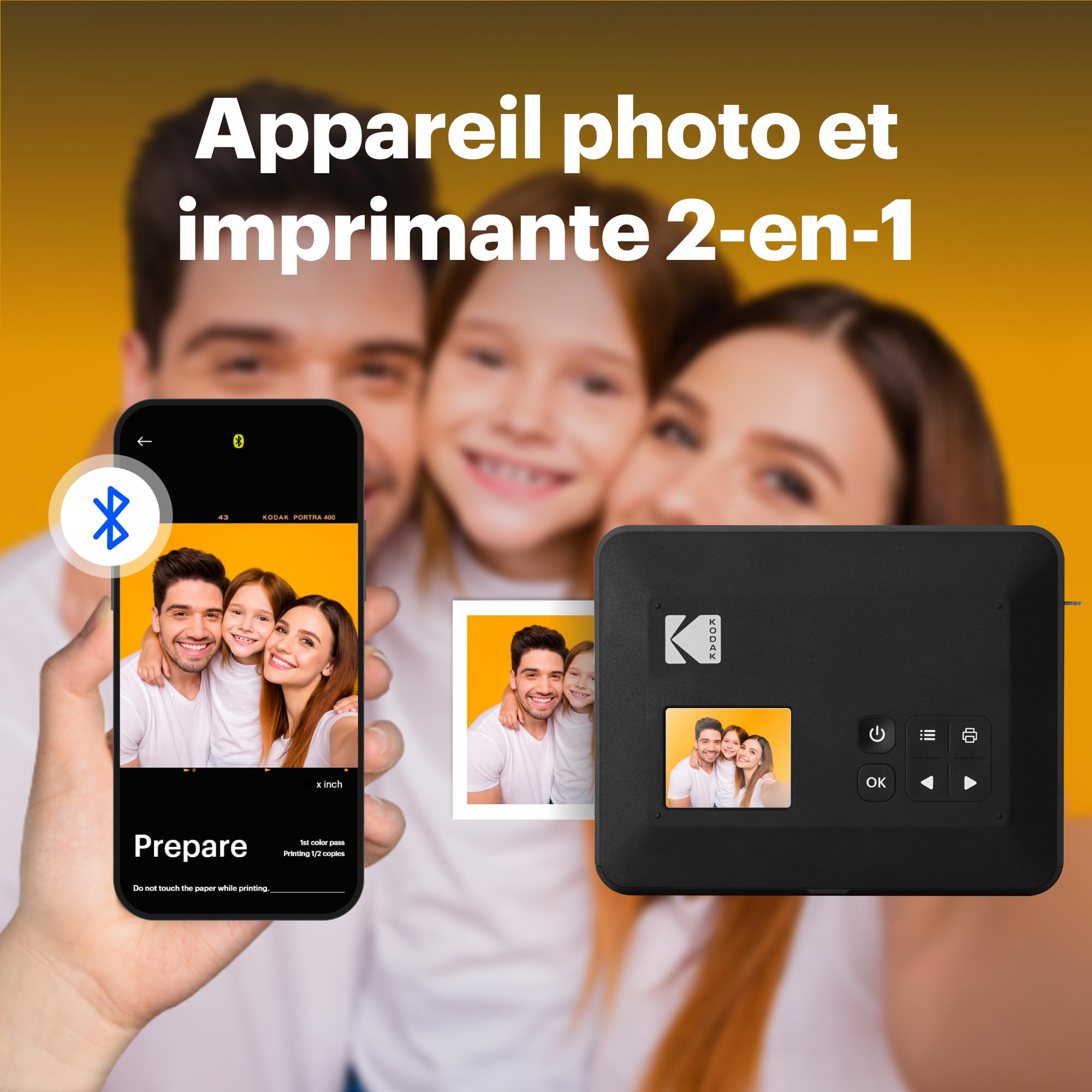 Kodak Mini Shot 3 Retro Cadeau Noel, Appareil Photo Instantané Vintage avec Imprimante Photo Portable, 76x76 mm, Technologie 4Pass, Pack de 38 Papiers Photo – Blanc