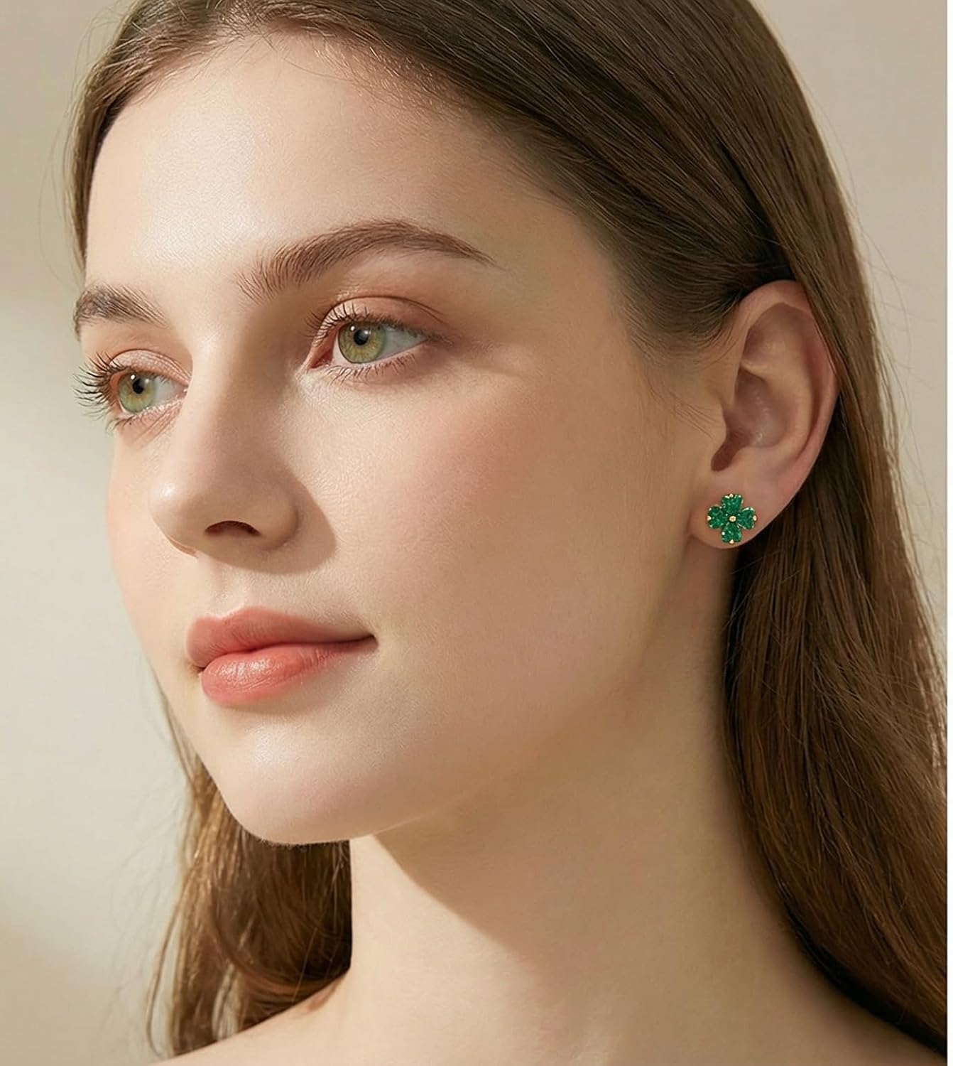 Reffeer Solid 925 Sterling Silver Four Leaves Clover Earrings Studs for Women Teen Girls Heart Cut Green CZ Clover Studs Earrings Leaf