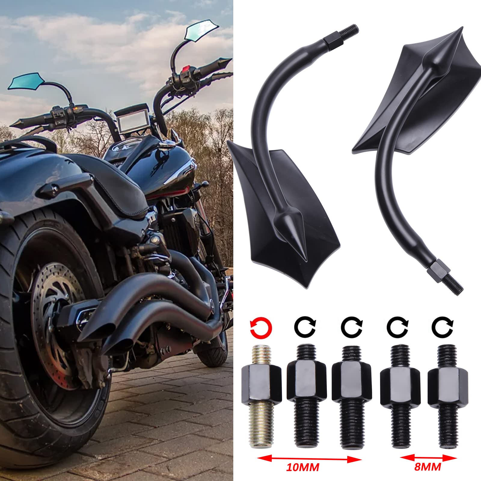 JMTBNO Rétroviseur universel pour moto 8 mm 10 mm Noir Compatible avec Street Bike Sport Bike Chopper Cruiser Touring