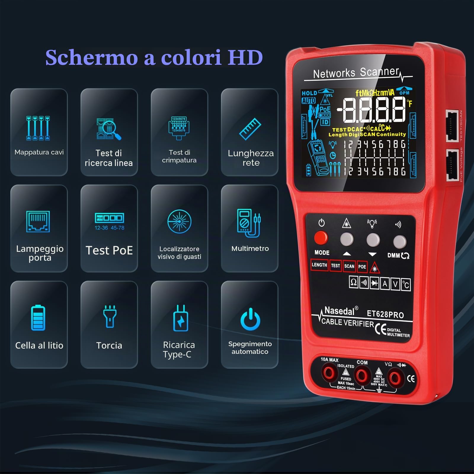 Network Cable Tester Wire Tracker Tone Generator Ethernet Tester Multimetro VFL 3 in 1 RJ45 CAT5 CAT6 CAT7 CAT8 RJ11 Tone BNC Tester PoE Test Cable Length Cable
