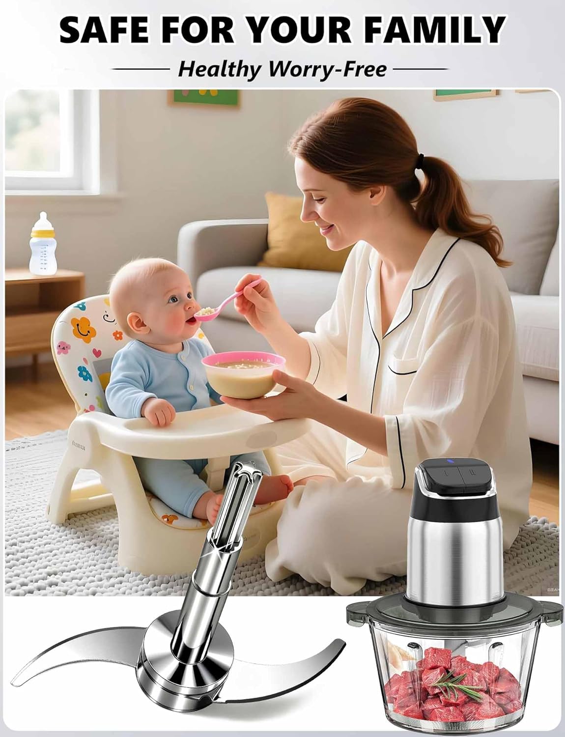 Full Stainless Steel Chopping Blade, Plastic-Free & Self-Adjustable Height Food Processor Blade Compatible with Ganiza, BUMET, SPZTJK, Homeasy & More 8 Cup/2L Bowls, Safer Baby Food Making