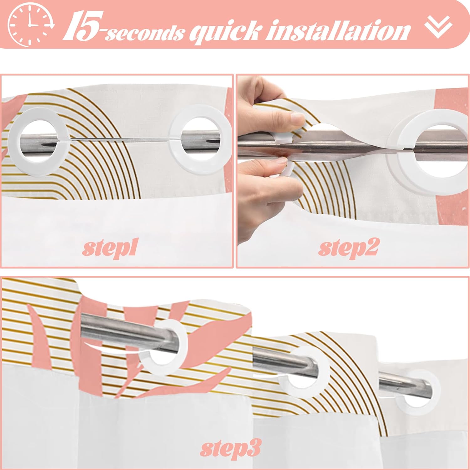 Coral Hookless Shower Curtain with Snap in Liner, White and Pink Peach Abstract MCM Girls No Hook Double Layer Shower Curtain and Liner Set, Waterproof Cloth Fabric, 71" W x 74" L (Pack of 1)