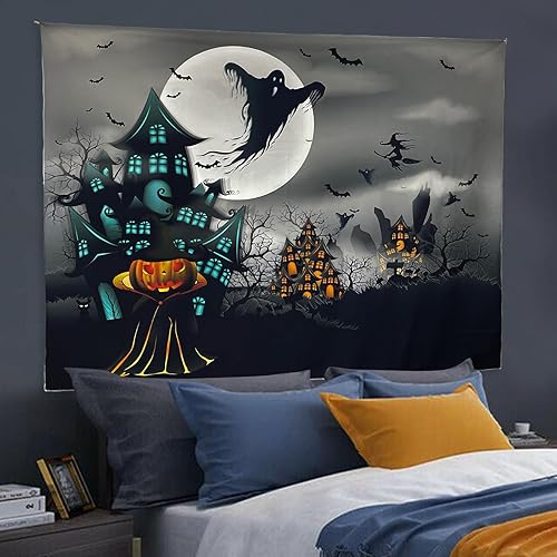 Bettlaty Tapiz de noche de Halloween, tapiz para colgar en la pared, bosque embrujado con tumba y calabazas, manta de pared para dormitorio, sala de