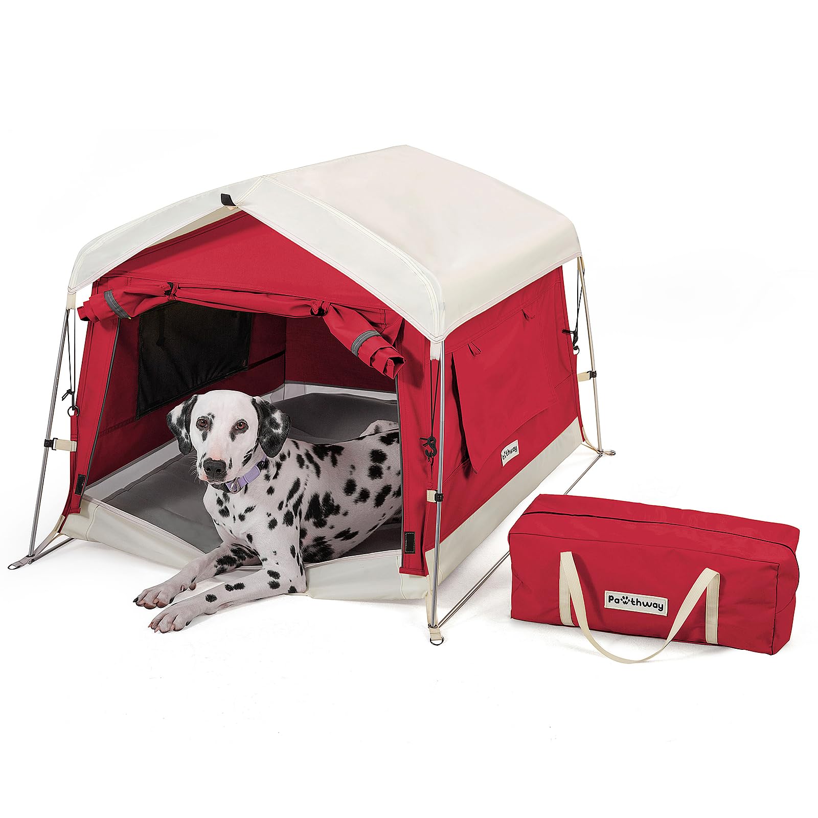 Pawthway Dog Tent Cotton Fabric, Aluminum Poles and Camping Mat, Outdoor Weatherproof, Dog House Outdoor, Breathable with 2 Side Windows, Portable and