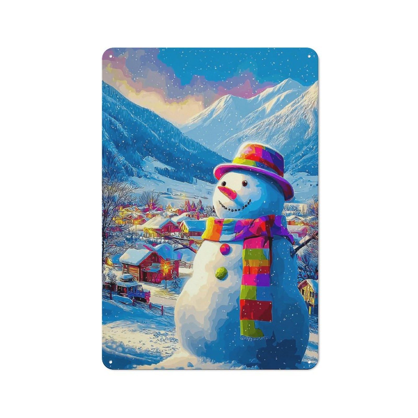 Junmoney Colorful Snowman In Winter Wonderland -1 Metal Wall Sign With Design 30X20cm, Loft Style Studio Wall Art For Flat, Bar, Studio Or Gallery Wall