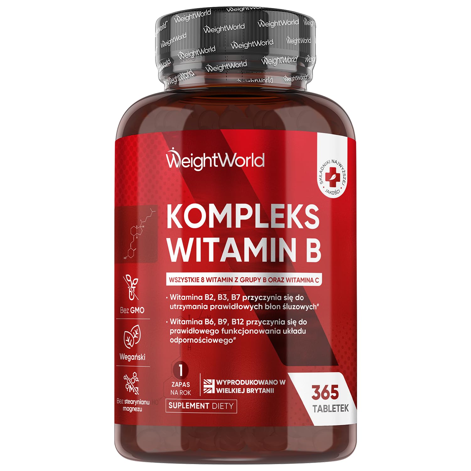 Kompleks witamin B wzbogacony o witaminą C – 365 wegańskich tabletek, 1 rok zapasu – 8 witamin z grupy B, pełny kompleks B: B1, B2, B3, B5, B6, B7 (Biotyna), B9 (Kwas foliowy) i B12