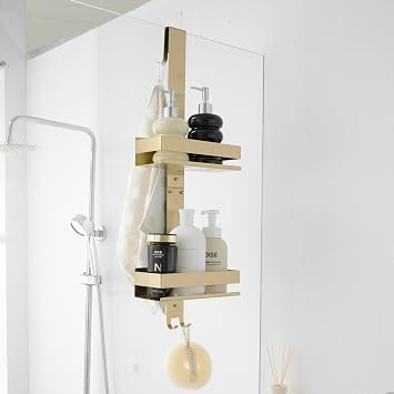 Beelee Gold Hanging Shower Caddy, Over Door 2-Tier Bathroom Storage Rack