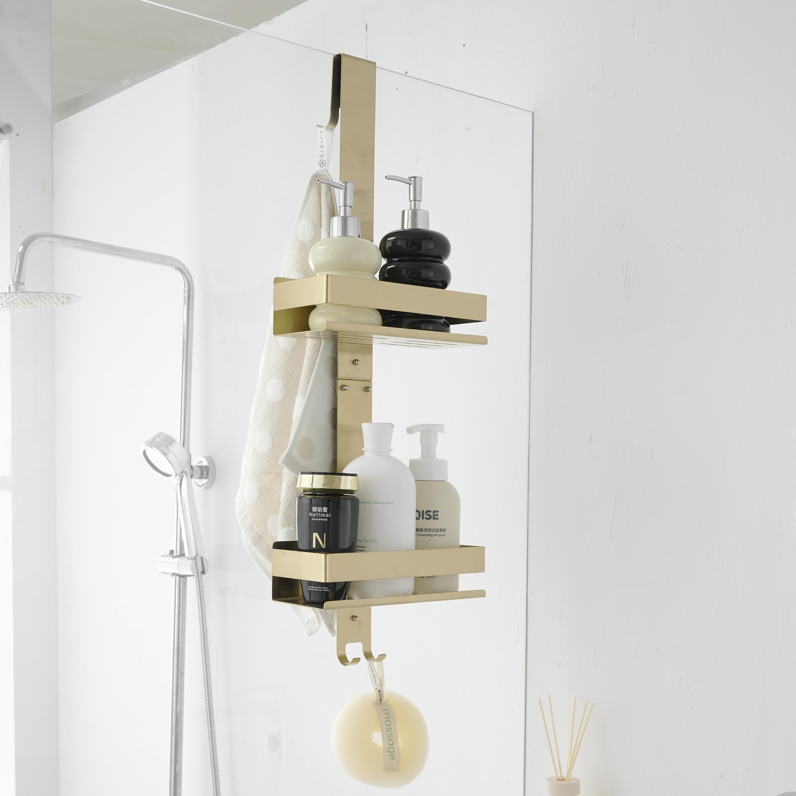 Beelee Gold Shower Caddy Hanging: Over Door Shower Organizer Bathroom Storage with 2-Tier Rack and Hooks, Holds Body Wash