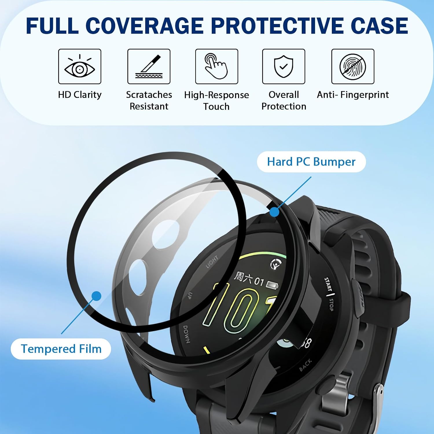 2 Pack for Garmin Forerunner 165 & 165 Music Smartwatch Screen Protector Case,Full Coverage HD Ultra-Thin Scratch Resistant Case,Charger Port + Hard PC Protective with Built-in Tempered Film(Black)