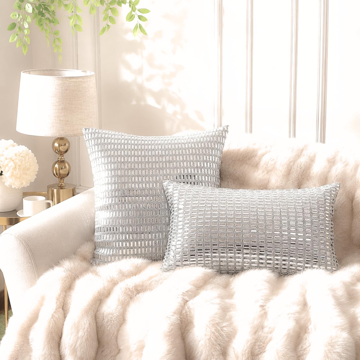 Funda de cojín rectangular de cristal de diamantes de imitación con terciopelo gris suave, para decoración del hogar, sofá, dormitorio, sala de estar y oficina (plata y gris, 30 x 50 cm)